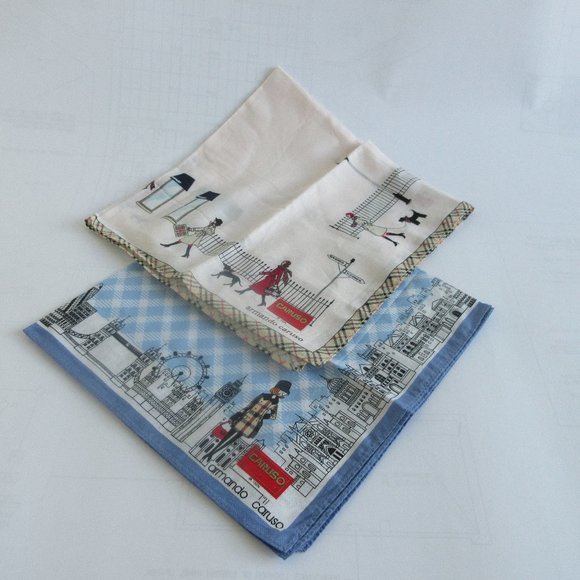 ARMANDO CARUSO signed perfume handkerchiefs(2) with city view 17"x17" Italy - Picture 1 of 9